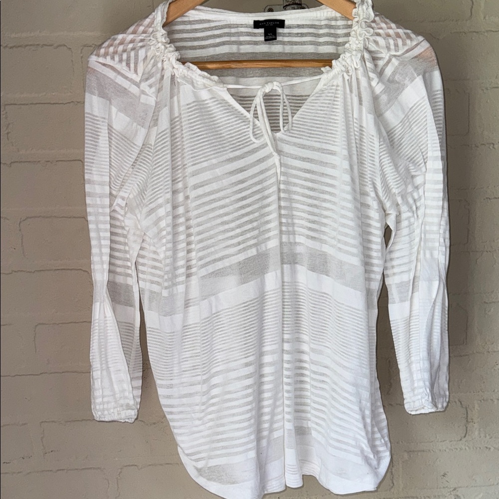 Ann Taylor White Striped Blouse lightweight peasant style xl semi sheer